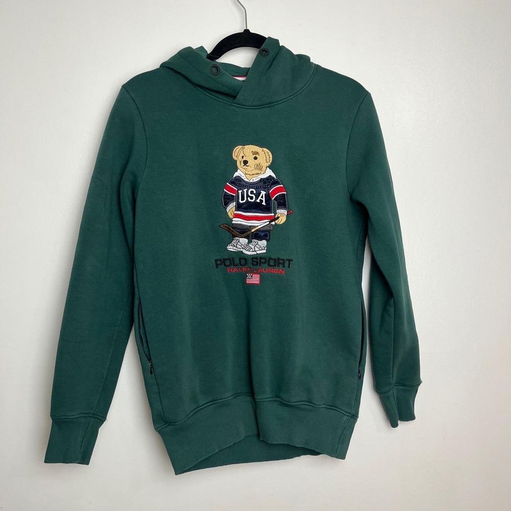 VTG Polo Ralph Lauren Green Embroidered Polo Bear USA Hockey Hoodie Sweatshirt M